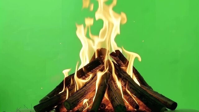 Bonfire Flames Flickering Over Logs on Green Screen, Realistic Fire Chroma Key Effect