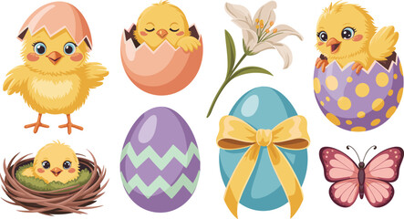 Fototapeta premium Cute Easter Chick and Decorative Spring Egg Element Set with Hatching Baby Birds, Twig Nest, Lily Flower, and Butterfly Vectors for Holiday Graphic Designs
