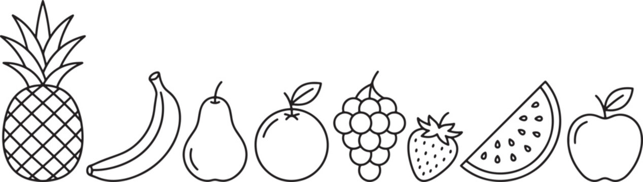 Set of hand drawn fruit icons including pineapple banana pear orange grapes strawberry watermelon and apple