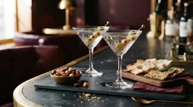 Two elegant martini glasses with olives and nuts on a bar counter