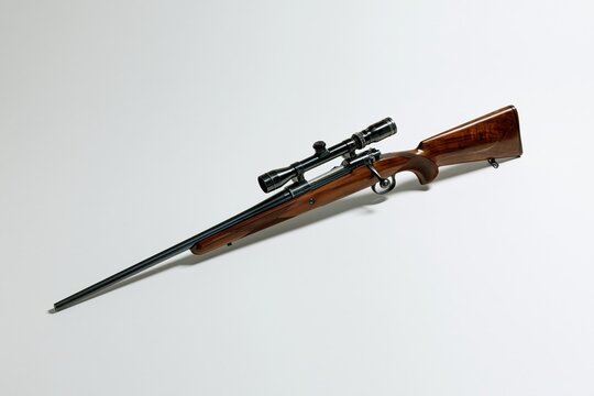 Wooden rifle with scope on white background