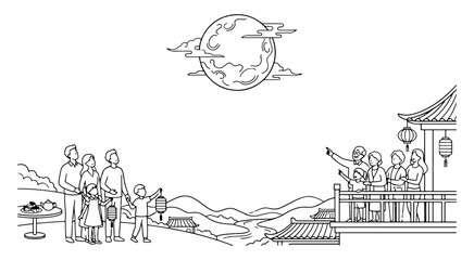 Fototapeta premium Black and white line art vector illustration of families celebrating mid autumn festival looking at the full moon with coloring page