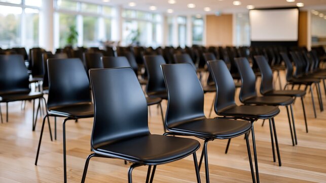 Rows of empty black chairs are arranged in a spacious conference hall with a projection screen visible in the background.