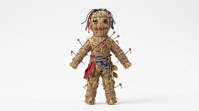 A traditional handmade voodoo doll made of straw pierced with pins representing a mystical curse or dark magic isolated on a white background