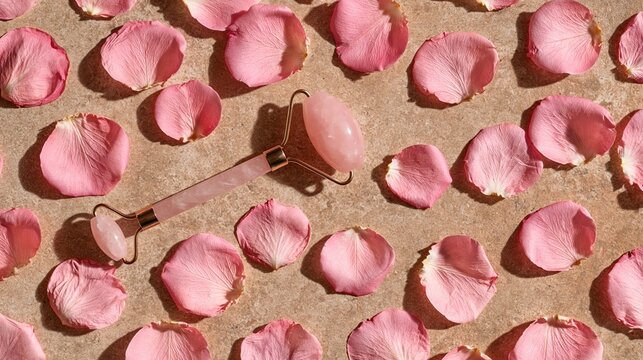 Rose quartz facial roller on pink rose petals