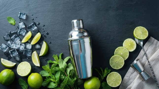 Cocktail making ingredients and tools arranged on a dark slate surface