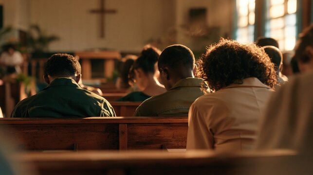 Congregation sitting in church pews facing altar