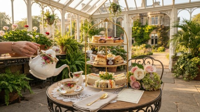 Elegant afternoon tea served in a sunlit conservatory with a manor house garden view