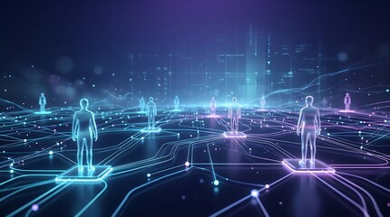 Obraz premium Futuristic digital landscape featuring glowing human silhouettes linked by complex data pathways representing social connectivity and information exchange in a virtual cyber space