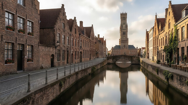 Evening view of Groenerei canal and the illuminated Belfry in historic Bruges, Belgium, with medieval buildings, bridges, trees, and shimmering reflections on the water.