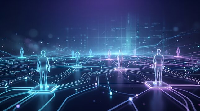 Futuristic digital landscape featuring glowing human silhouettes linked by complex data pathways representing social connectivity and information exchange in a virtual cyber space