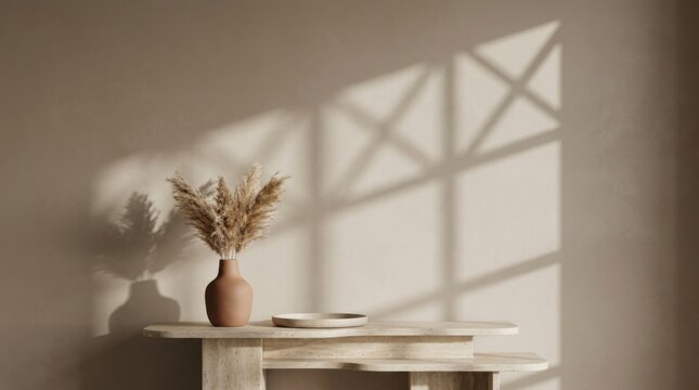 Wabi Sabi Console Table Mockup with Ceramic Vase and Geometric Sunlight Shadows