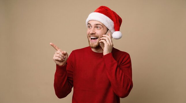 A happy man in a santa hat is cheerfully engaged in a phone conversation while enthusiastically gesturing with his hand during the holidays