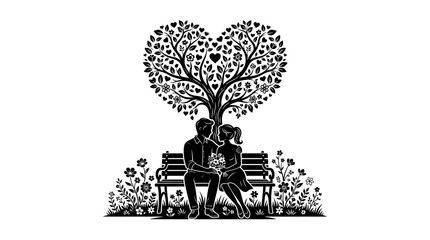 Fototapeta premium Couple sitting on a park bench under a heart shaped tree silhouette illustration.