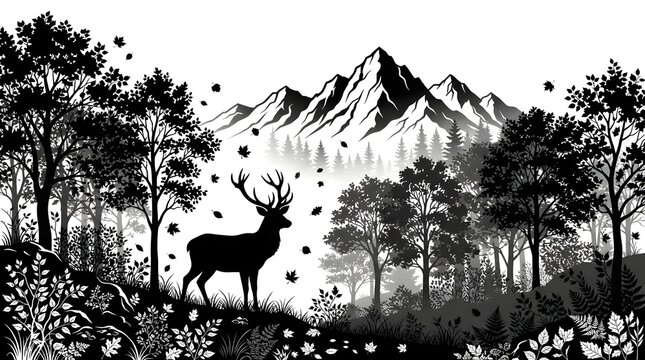 Black and white deer silhouette in autumn forest with mountain landscape background