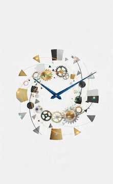 Abstract 3D Clock Concept Featuring Floating Golden Gears and Blue Hands on a White Background Representing Time and Precision