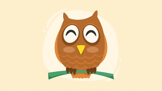 Animated cute owl on branch, cartoon bird on a tree branch, adorable character motion graphics with blinking eyes and subtle movements.
