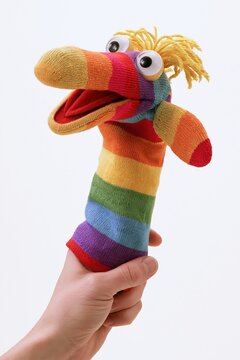 Colorful striped sock puppet held in hand
