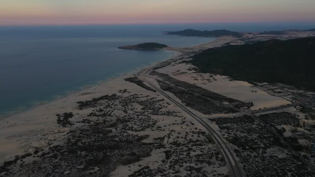 Aerial view of Van Phong Bay, Hon Ong Island and the route to Son Dung Beach in Dai Lanh Commune, Khanh Hoa, Vietnam, showcasing pristine islands, turquoise waters and coastal scenery.