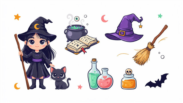 Cute cartoon witch with magical accessories and Halloween themed items illustrated in playful style
