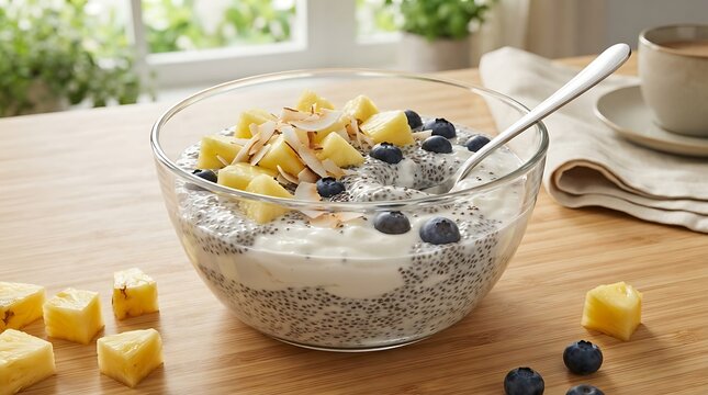 Glass bowl filled with chia seed pudding topped with pineapple and blueberries