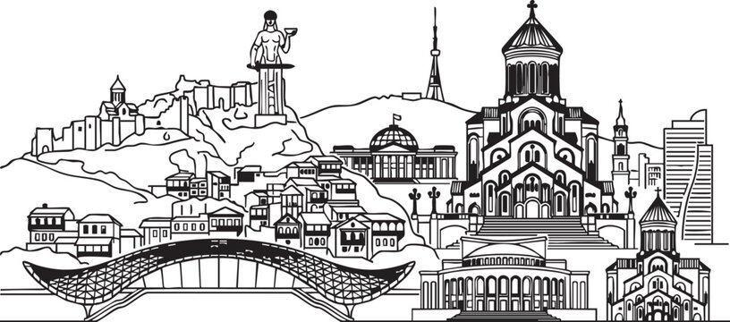 Adobe Illustrator Artwork of A detailed vector silhouette city skyline of Tbilisi, Georgia, featuring Narikala Fortress on the hill, the modern Bridge of Peace, Holy Trinity Cathedral of Tbilisi
