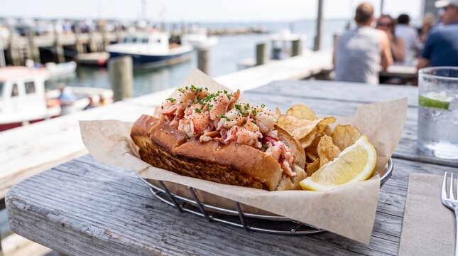 New England Lobster Roll with Butter and Chives Coastal Setting