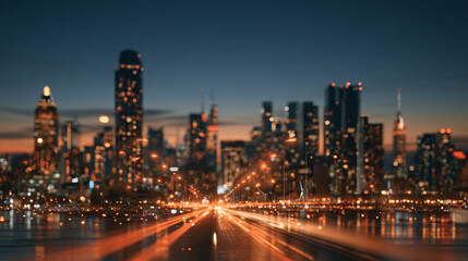Obraz premium Long Exposure Motion Blur of Traffic Lights in a Futuristic City Skyline