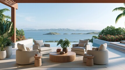 Naklejka premium Modern lounge chairs on terrace overlooking ocean