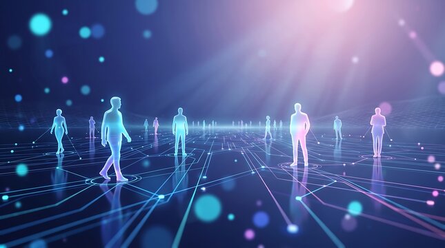 Futuristic digital network visualization with glowing human silhouettes connected by data lines in an abstract dark environment representing social connectivity and information flow