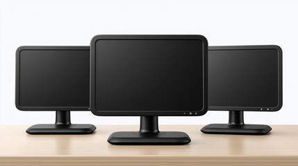 Fototapeta premium Three black computer monitors arranged on wooden desk
