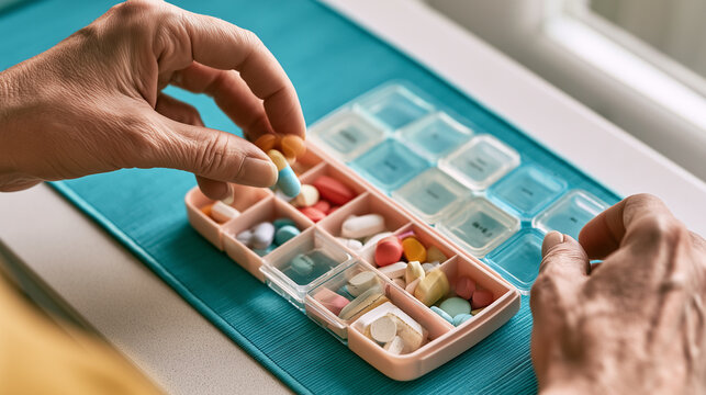 Hands sorting colorful pills into weekly organizer, overhead shot with turquoise placemat for medication management content