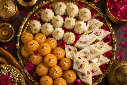 Happy Ganesh Chaturthi festive flat lay with modak sweets, yellow ladoo, and kaju katli on traditional brass plate