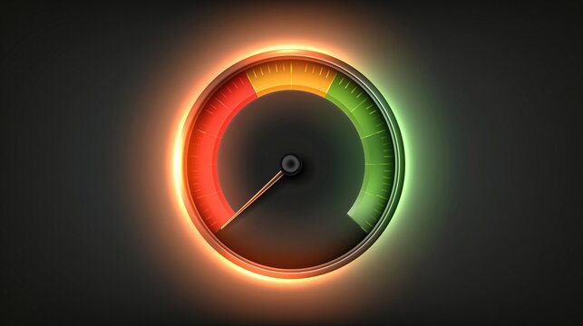 Glowing speedometer gauge pointing to red zone