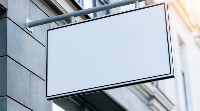 Empty white rectangular sign mounted on building wall