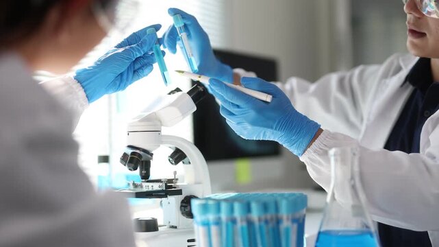 Close-up video of test tubes, scientists in a laboratory doing experiments, scientists who are researchers in a laboratory are analyzing.