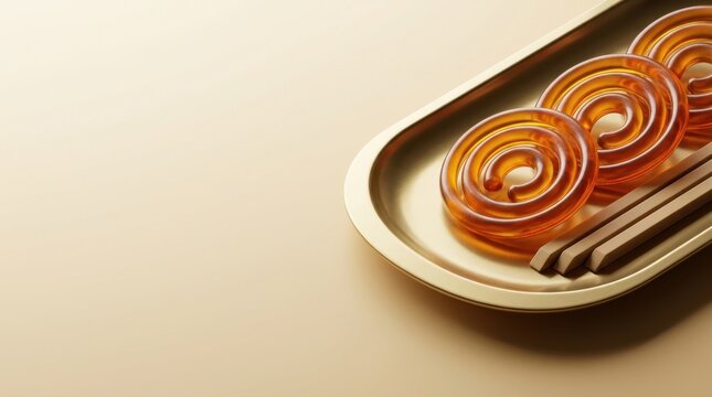 Gold plated plate with spiraled festival sweets in a modern luxury still life