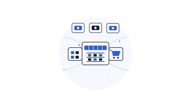 Abstract illustration of e-commerce platform interface with shopping cart and product grid icons.