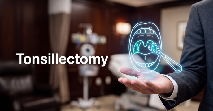 Tonsillectomy medical procedure concept illustrated with a glowing holographic icon held by a professional doctor in a dark clinical hospital room with blurred background elements