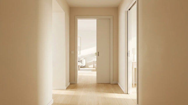 Modern hallway with open sliding door leading to a bright minimalist living room interior