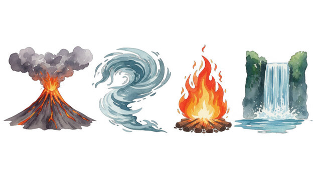 Four Classical Elements Represented by Watercolor Nature S
