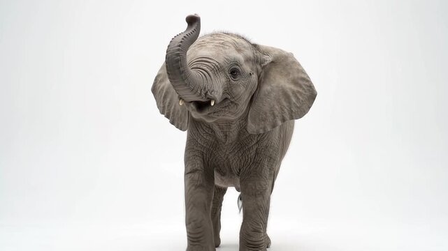 Playful baby elephant lifting trunk up on white background for endangered african wildlife conservation concept