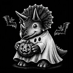 Triceratops in Ghost Costume Holding Pumpkin, Halloween Vintage Engraving Style Illustration with Bats © rumahlebah