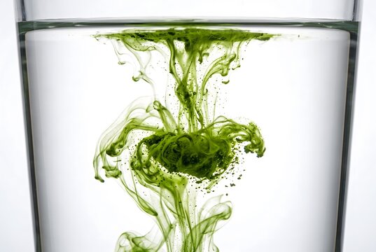 Macro side view of vivid jade matcha powder blooming and dissolving into clear water inside a glass vessel, swirling green tendrils and delicate smoke-like plumes unfurling downward through the water.