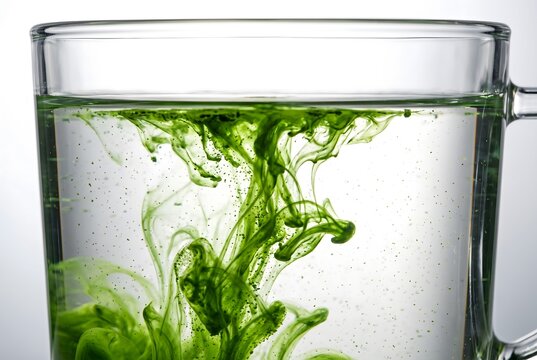 Macro side view of vivid jade matcha powder blooming and dissolving into clear water inside a glass vessel, swirling green tendrils and delicate smoke-like plumes unfurling downward through the water.