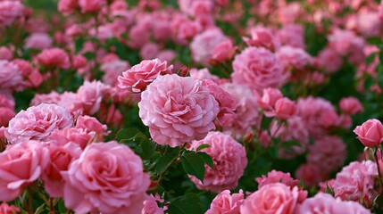 Fototapeta premium Pink roses blooming in garden with green leaves