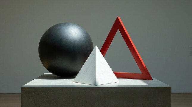 Abstract geometric 3D shapes on concrete pedestal.