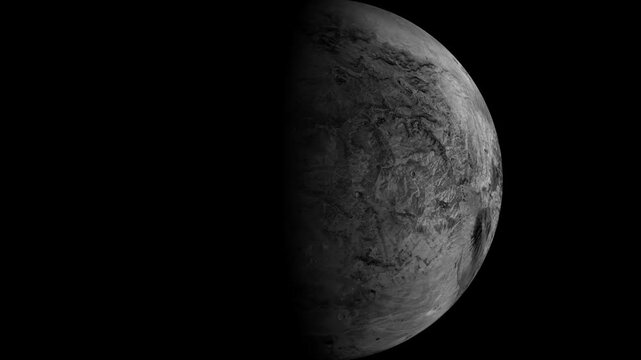 CGI animation of a  Haumea fictional planet rotating in deep space against a black background.
