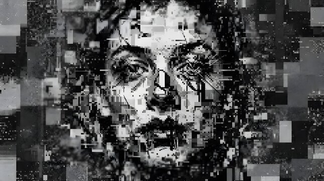 A grayscale portrait of a woman s face is broken into fragmented glitching digital blocks and squares