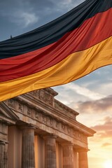 Naklejka premium German flag waves before Brandenburg Gate sunset